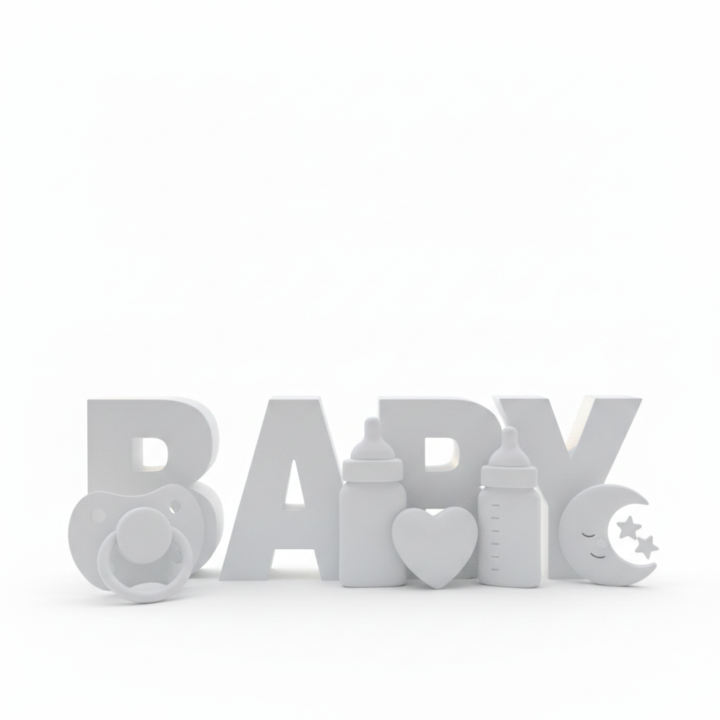 Decoración de baby shower para niño con letras de corcho blanco.