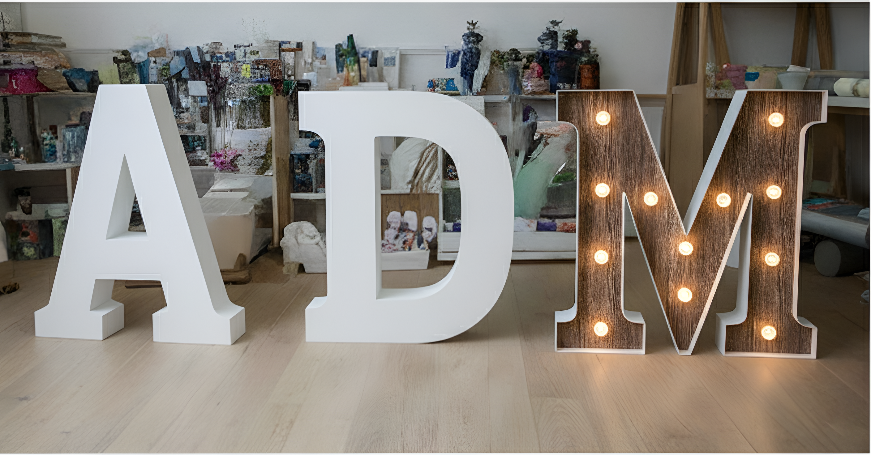 Letras gigantes decorativas con acabado de imitación madera y luces LED cálidas para escenarios de eventos elegantes.