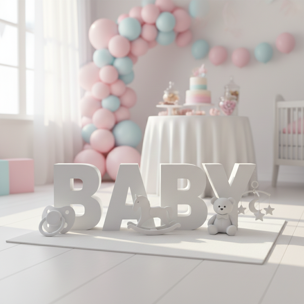 Palabra «BABY» en letras gigantes de 1 metro para revelación de género.