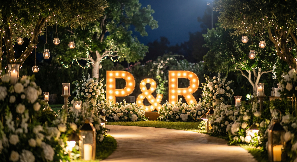 Decoración de boda rústica-elegante con letras de bombillas estilo vintage.