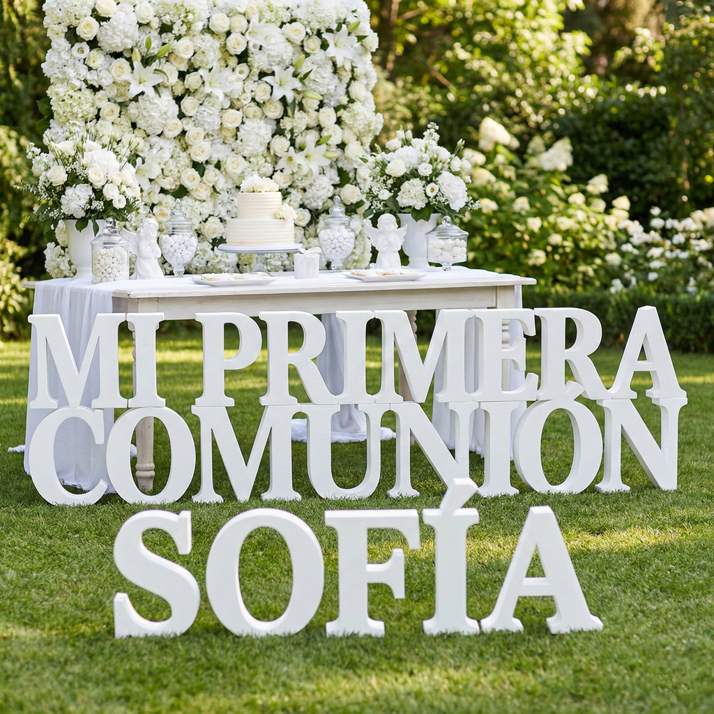Iniciales y nombres de corcho para decorar el candy bar de la comunión.