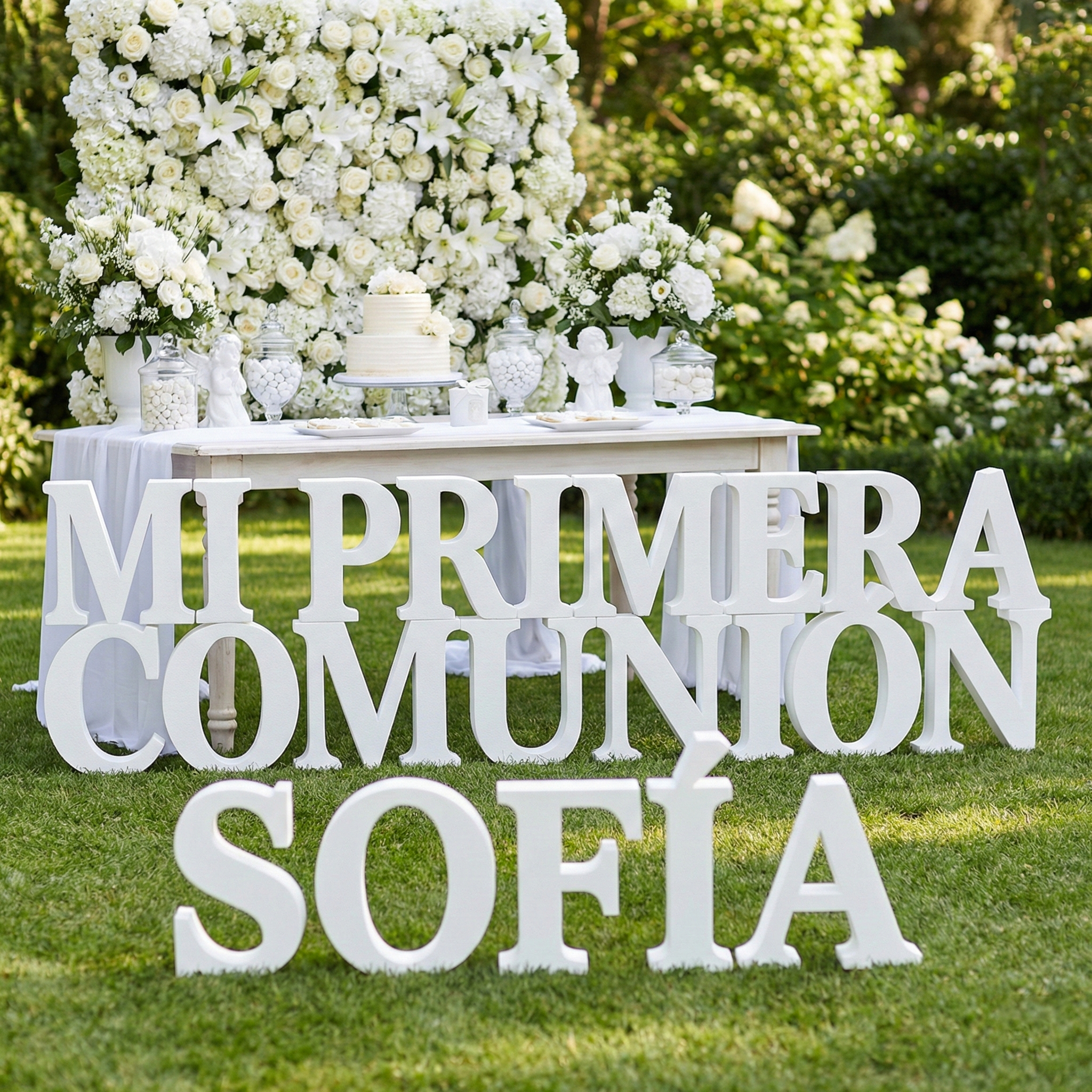 Iniciales y nombres de corcho para decorar el candy bar de la comunión.