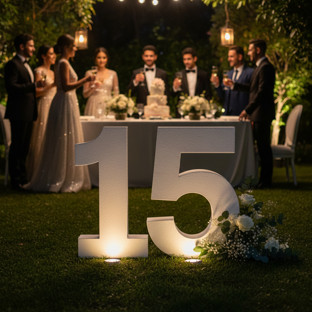 Decoración de cumpleaños infantil con letras y números gigantes de porexpán.