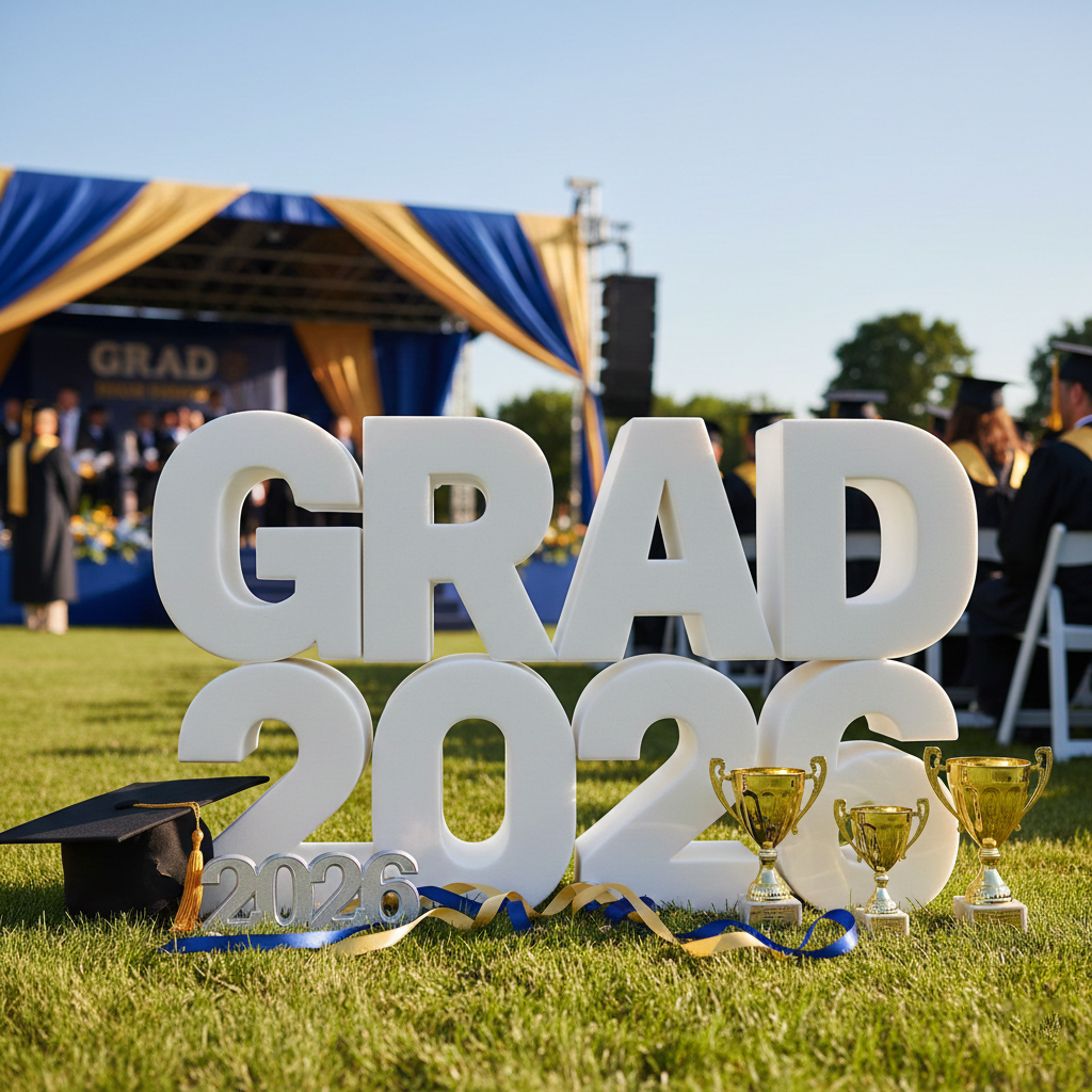 Decoración de escenario para entrega de diplomas con letras corpóreas.