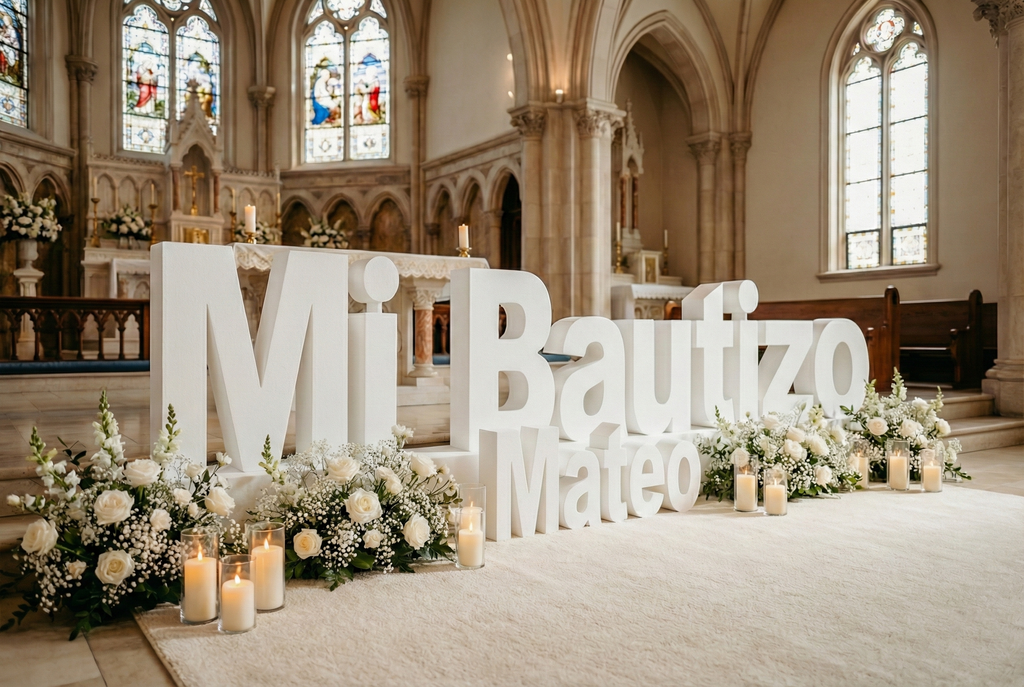 Nombres de corcho personalizados para decorar la mesa dulce del bautizo.
