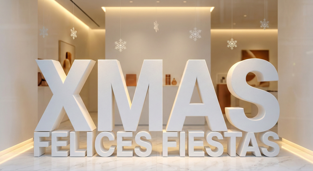 Frase «FELICES FIESTAS» en letras de corcho para mesas y entradas.