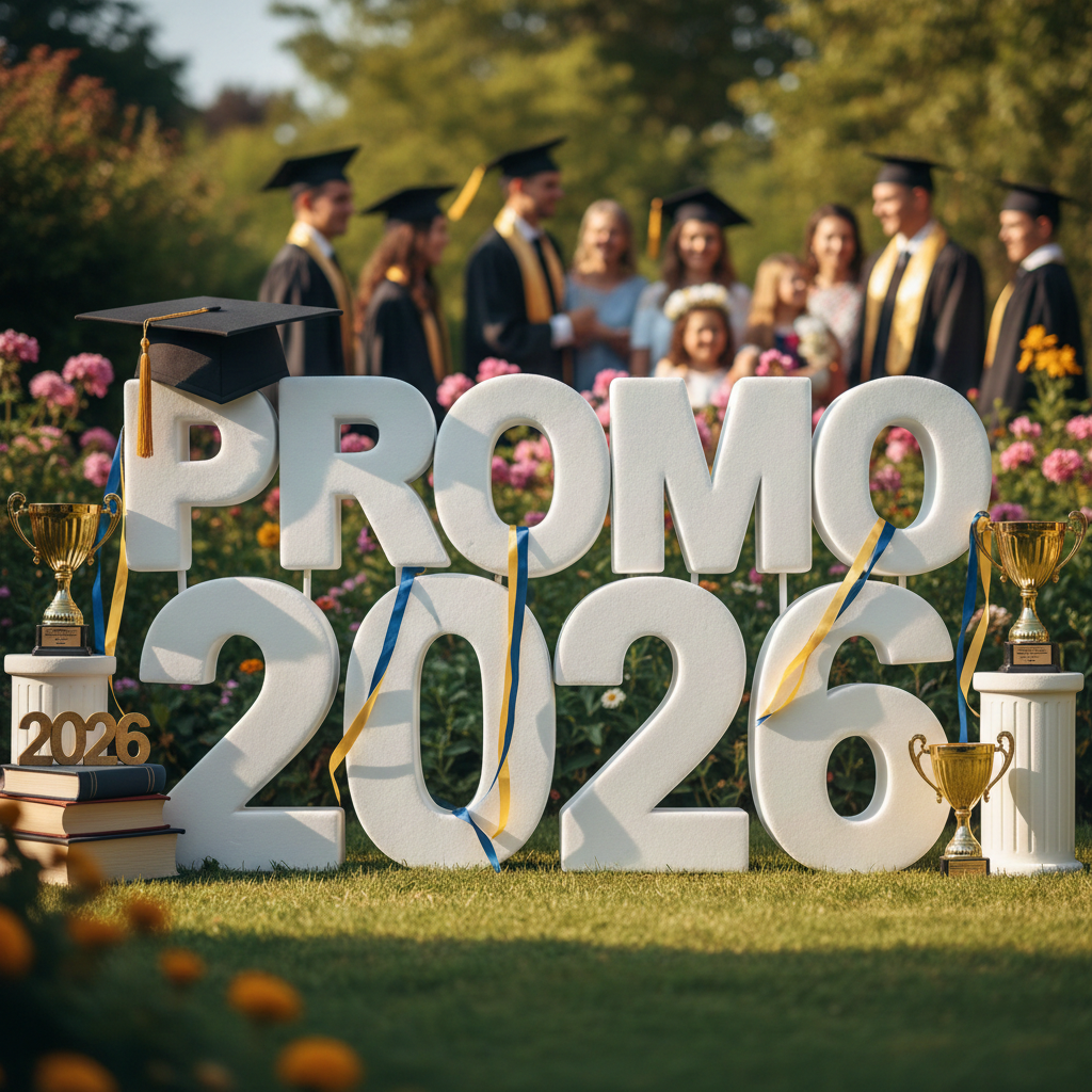 Números gigantes de la promoción 2026 para fotos de grupo de alumnos.