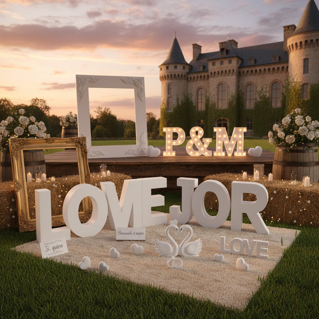 Palabra AMOR gigante en letras blancas de 1 metro para photocall.