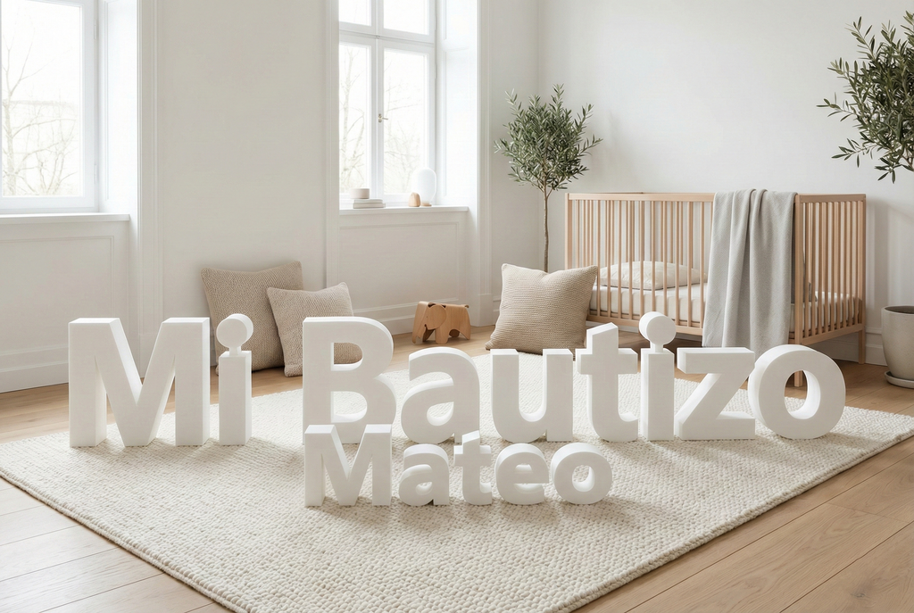 Iniciales de bautizo para niña con figura de concha bautismal en 3D.