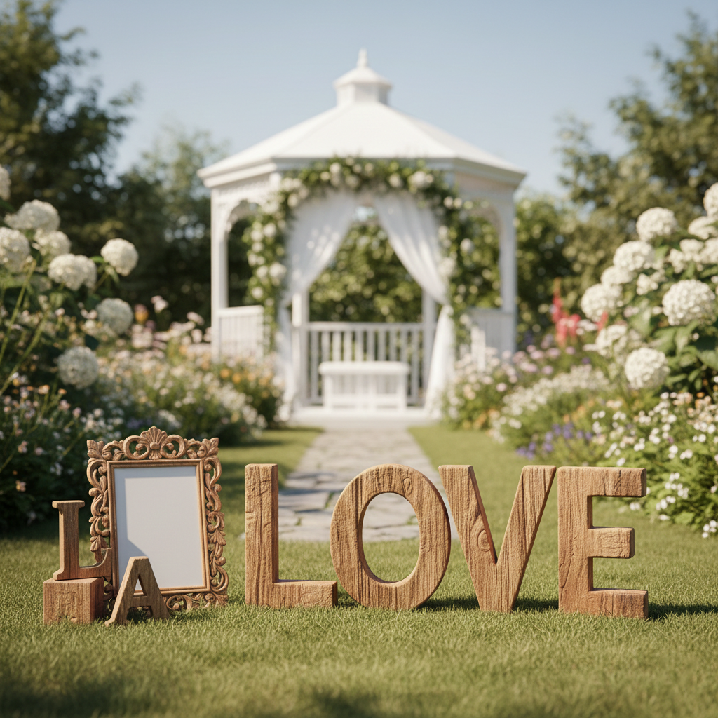 Iniciales de boda económicas con apariencia de madera real y ligereza máxima.