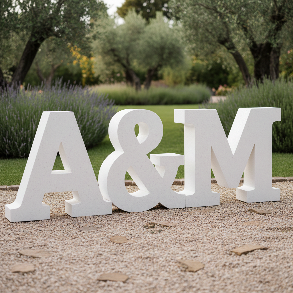 Letras de boda grandes personalizadas con las iniciales de los novios.