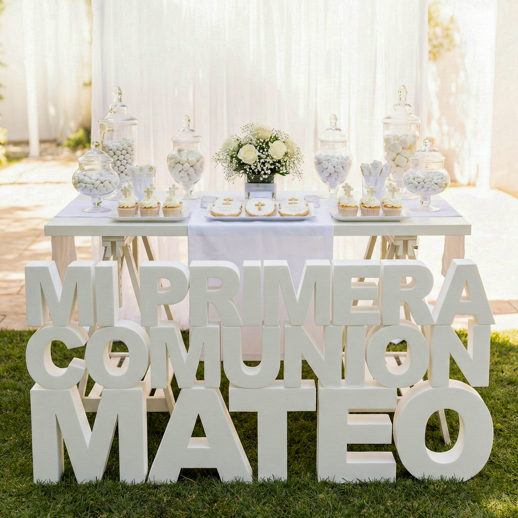 Decoración de comunión para niño con letras de corcho y ancla marinera.