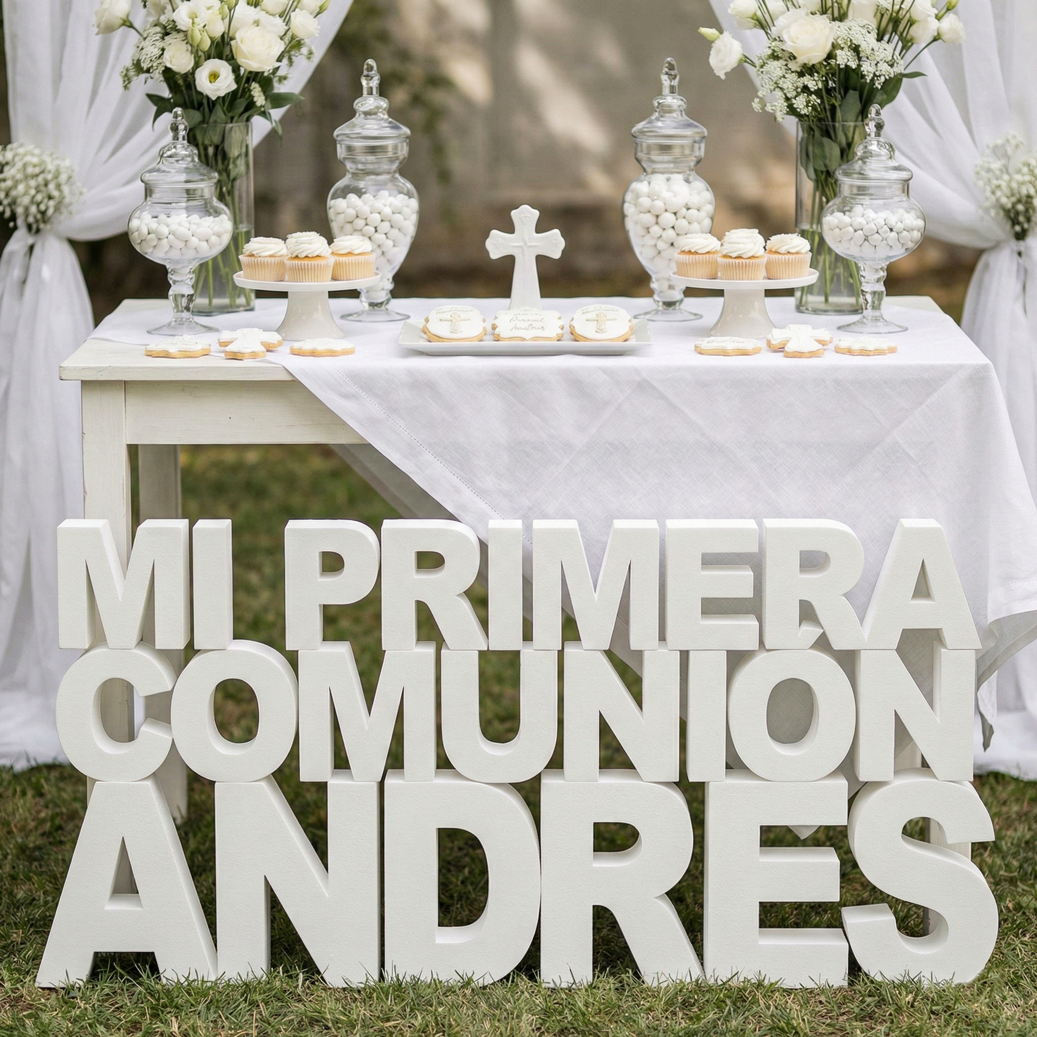 Frase enlazada «Mi Primera Comunión» en tipografía elegante de 35cm.