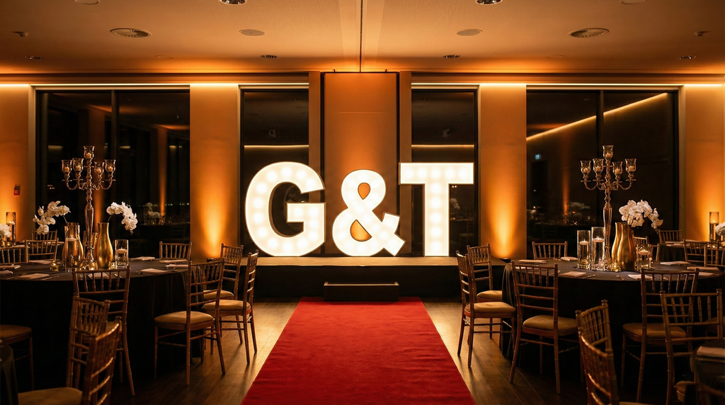 Letras gigantes de 1 metro iluminadas para eventos corporativos y galas.