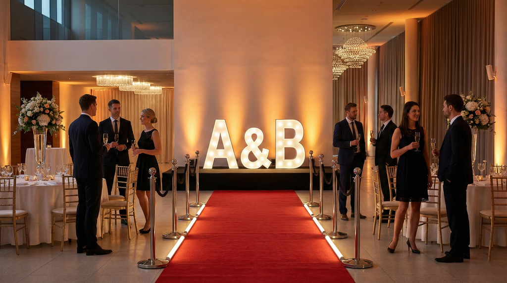 Letras blancas de alta densidad con iluminación cálida para celebraciones.