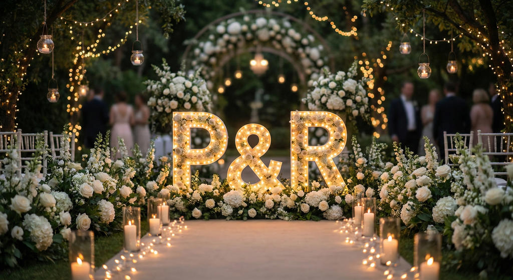 Iniciales gigantes iluminadas con luz LED cálida para bodas nocturnas.