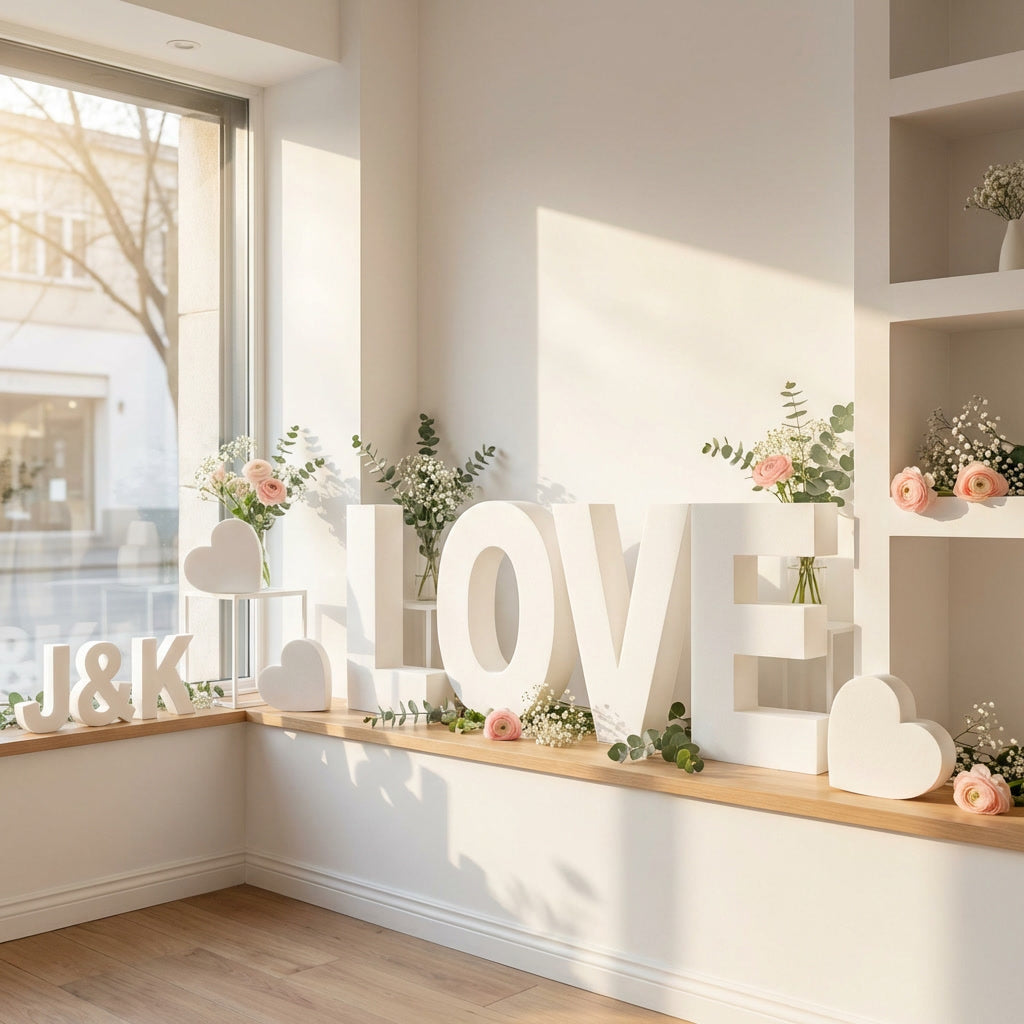 Letras gigantes «NAVIDAD» en corcho blanco para decoración de escaparates.