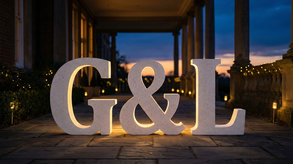 Nombres gigantes de corcho para novios en la entrada del banquete.