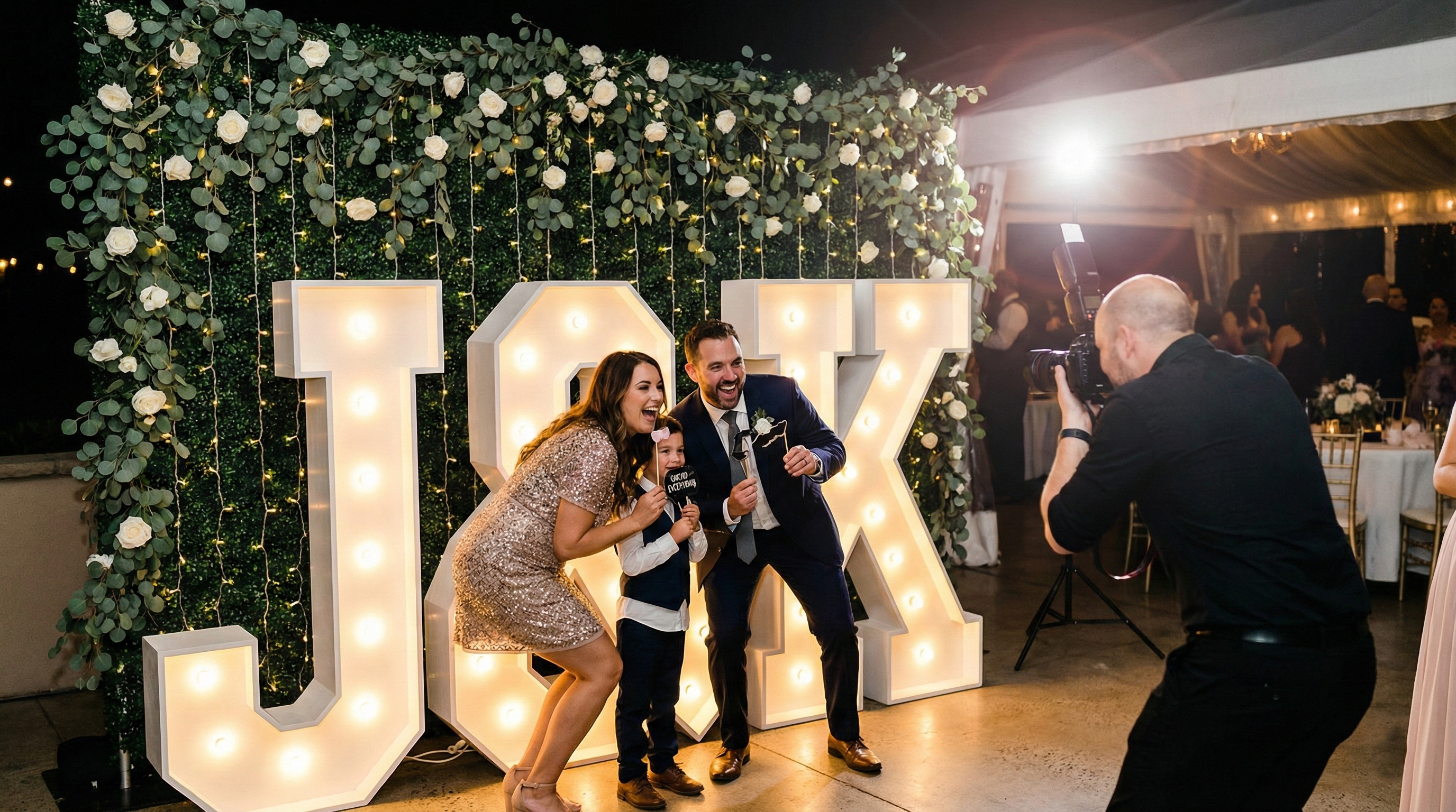 Nombres completos personalizados con bombillas LED vistas en corcho blanco.