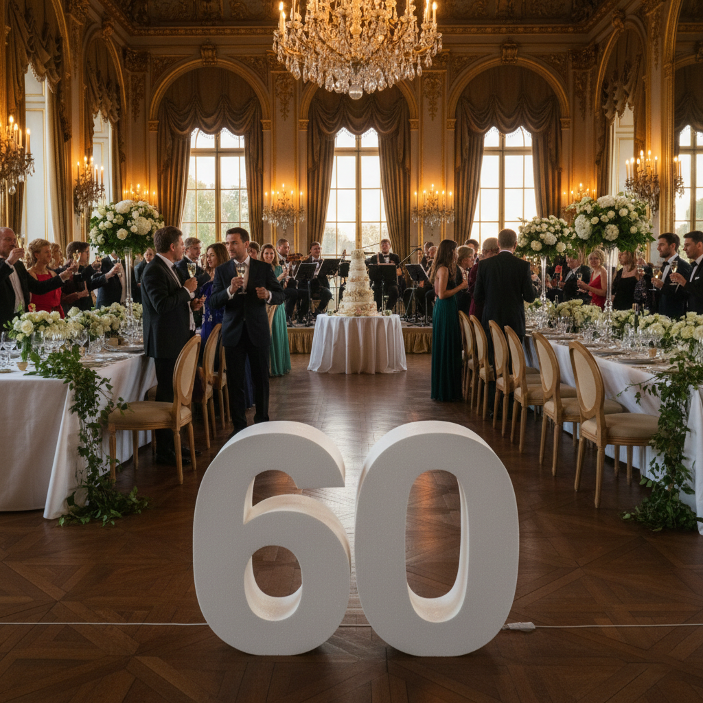 Número 50 gigante iluminado para celebración de bodas de oro o aniversarios.