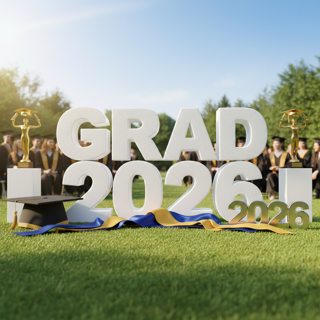 Pack de letras "GRAD" y año de promoción para eventos académicos.