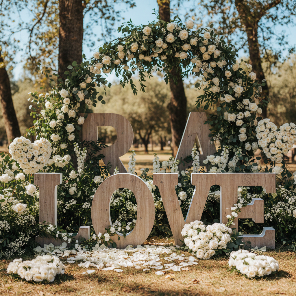 Palabra LOVE con acabado madera incluida en el pack de iniciales. 