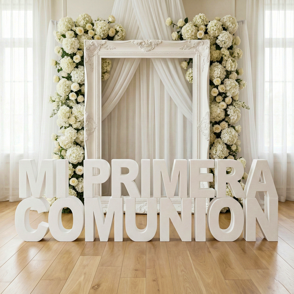 Pack de letras gigantes «Mi Primera Comunión» en corcho blanco.